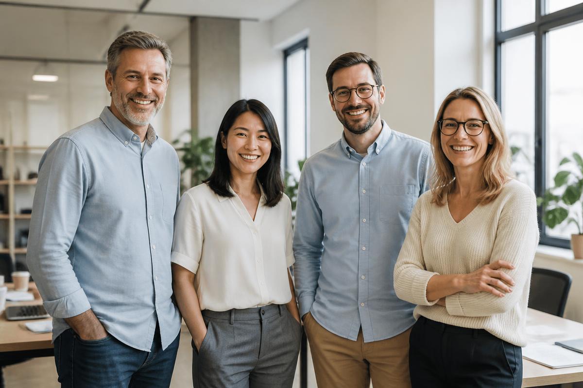 Lächelndes Team im hellen Büro (KI-generiertes Bild)