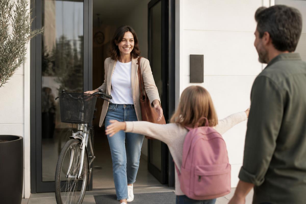 Mitarbeiterin kommt nach der Arbeit nach Hause und wird von ihrer Familie begrüßt (KI-generiertes Bild)